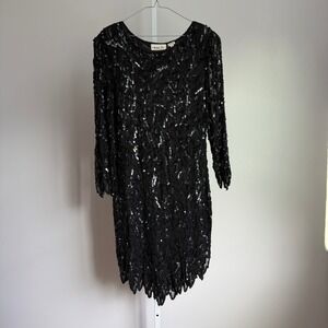 Swee Lo Vintage‎ Dress 100% Silk Sequin Dress Long Sleeve Party Cocktail size S